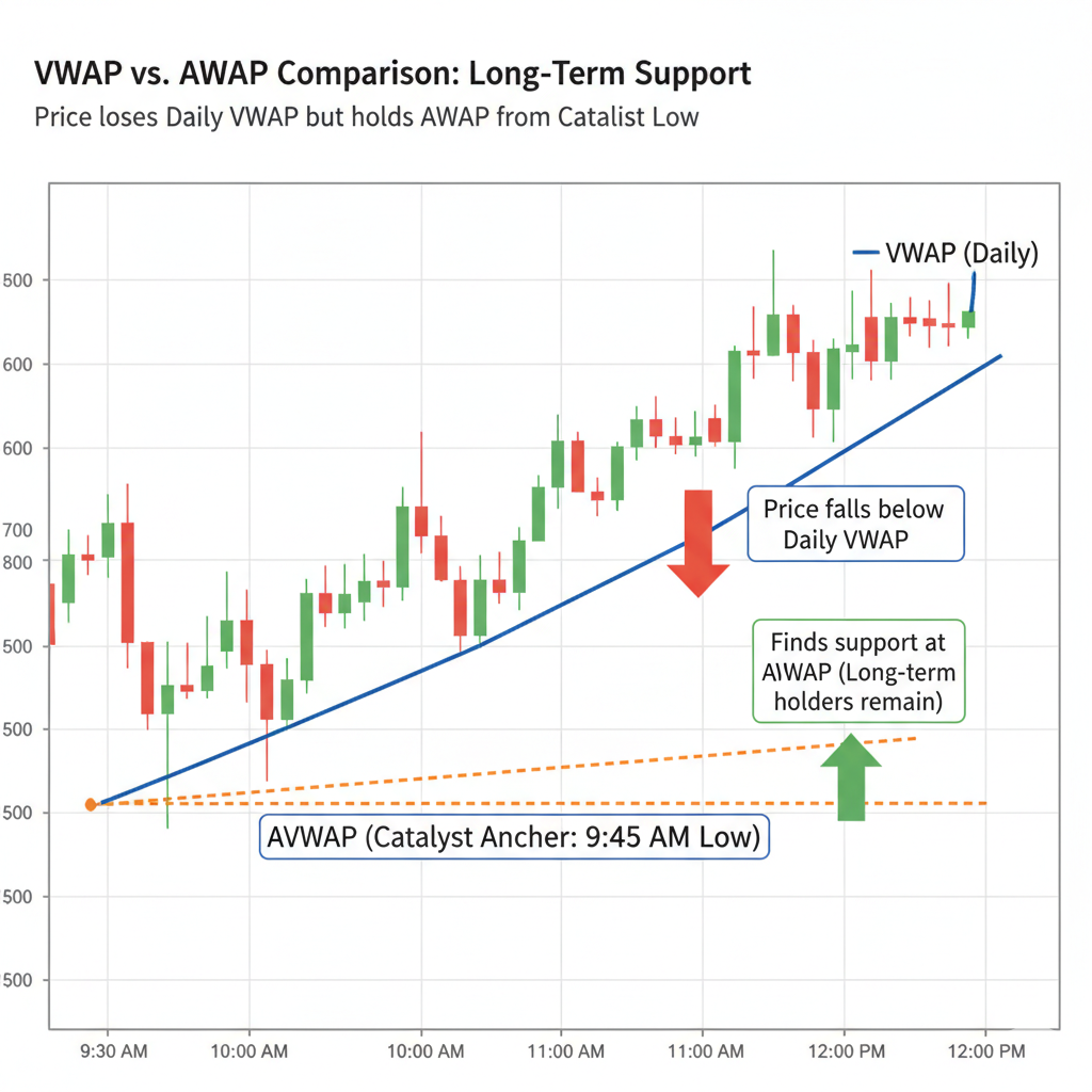 A chart illustrating how Anchored VWAP (AVWAP) and daily VWAP can be used together to define support, resistance, and risk lines.